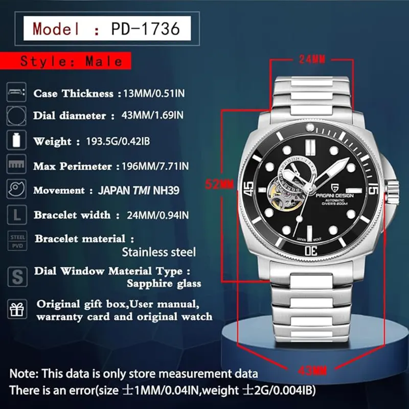 Pagani Design Open Heart Black Automatic Men's Watch-  PD-1736